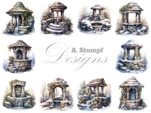 Download Stone Well in Winter Digital Clipart Set - Winter Collection