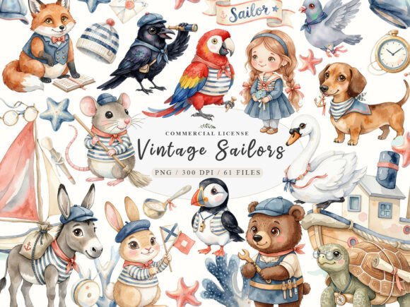 Download Watercolor Cute Vintage Sailor Animals - Premium Resources
